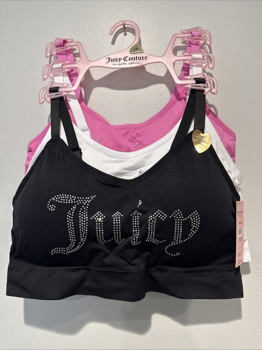 NWT Juicy Couture 3 Pack Seamless Bras Pink Black White 2X Logo Stretchy Ribbed